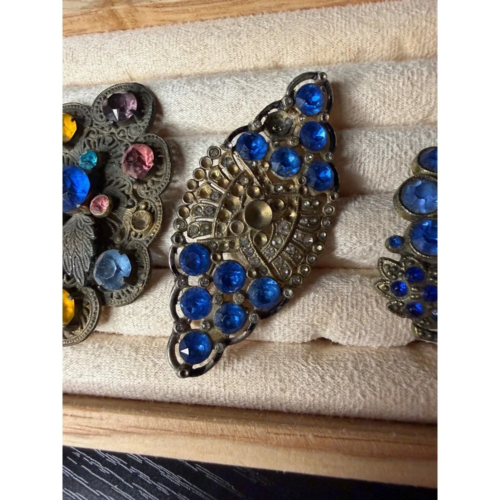 Vintage Art Deco Dress Clip Brooch Set Blue Rhinestone Filigree LN Signed 4pc
